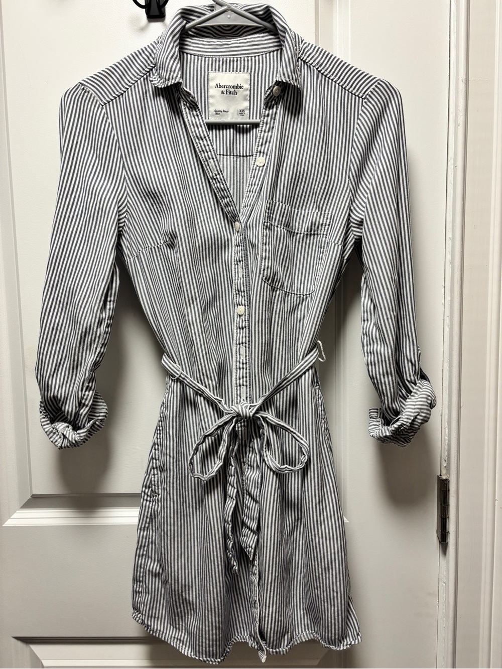 Abercrombie & Fitch Navy and White Striped Shirt Dress with Waist Tie